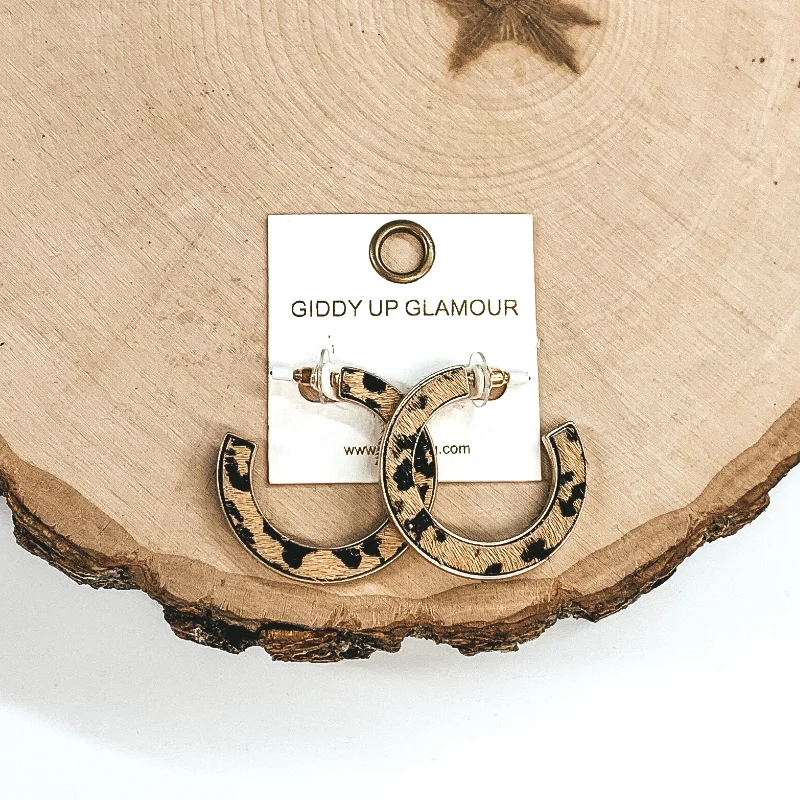 Simple Hoop Gemstone Earrings-Animal Print Gold Hoops in Brown/Black