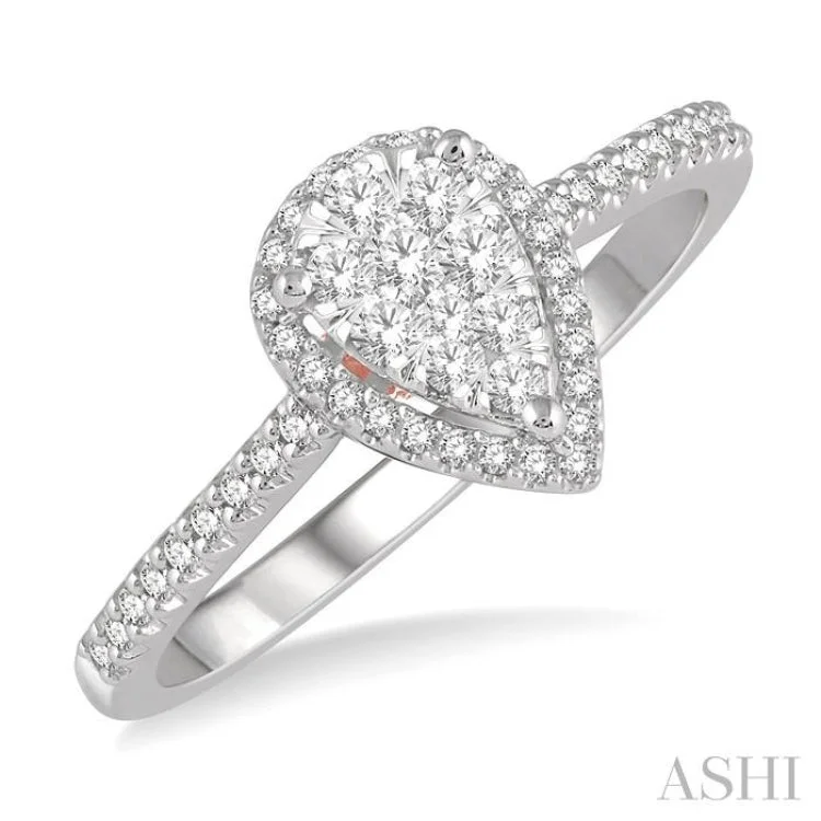 Wedding Rings with Custom Engraving-1/3 Ctw Pear Shape Round Cut Diamond Lovebright Ring in 14K White and Rose Gold