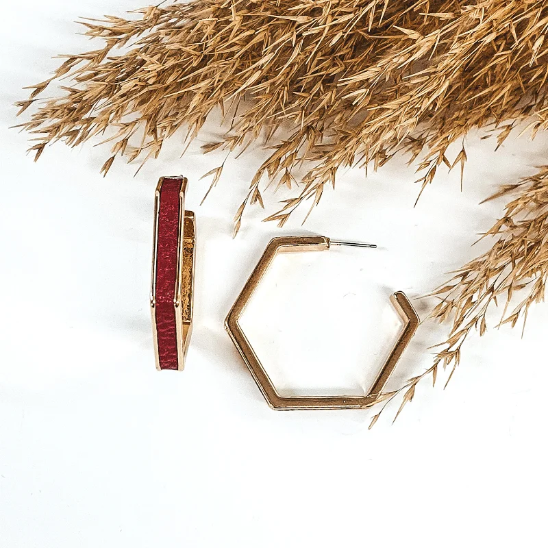 Gemstone Hoop Earrings-Gold Hexagon Hoops with Leather Inlay in Red