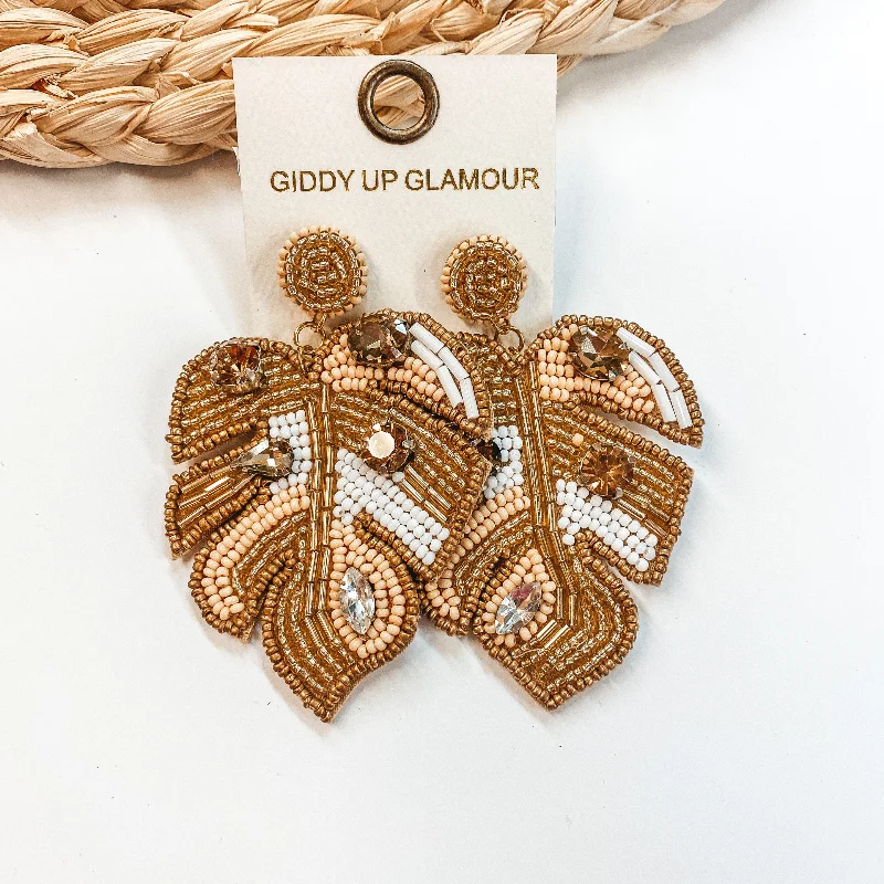 Geometric Hoop Drop Earrings-Palm Leaf Beaded Earrings With Crystal Accents in Gold and White