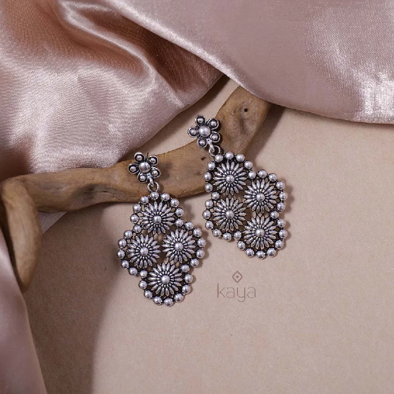 Designer Crystal Earrings-Silver Oxidised Floral  Earrings - PT100815