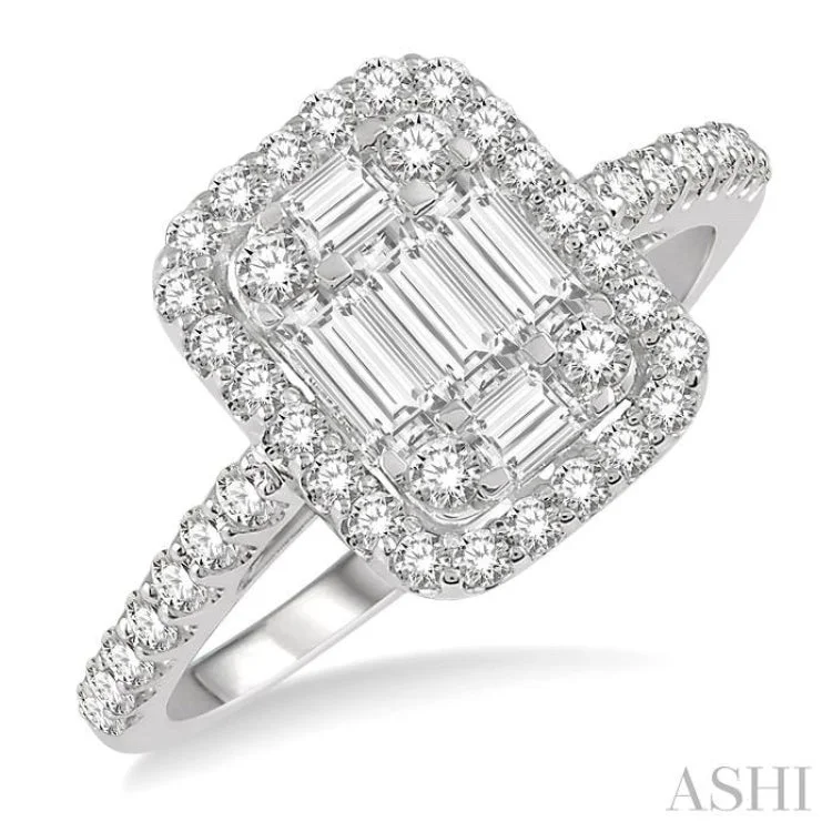 Men’s Designer Engagement Rings-1 Ctw Baguette & Round Cut Fusion Diamond Ring in 14K White Gold