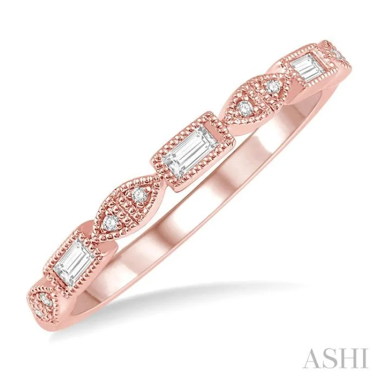 Wedding Ring Sets for Brides and Grooms-1/10 Ctw Baguette & Round Cut Diamond Stackable Band in 14K Rose Gold