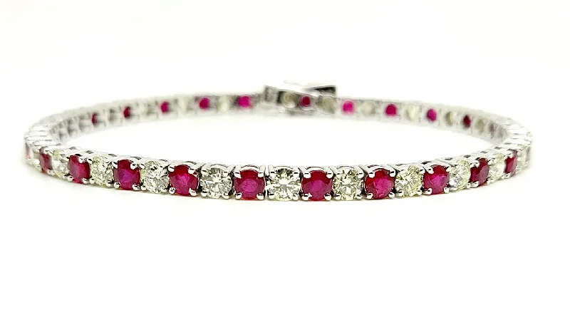 Adjustable Friendship Bracelets-Alternating Size Ruby and Diamond Bracelet in 14k White Gold