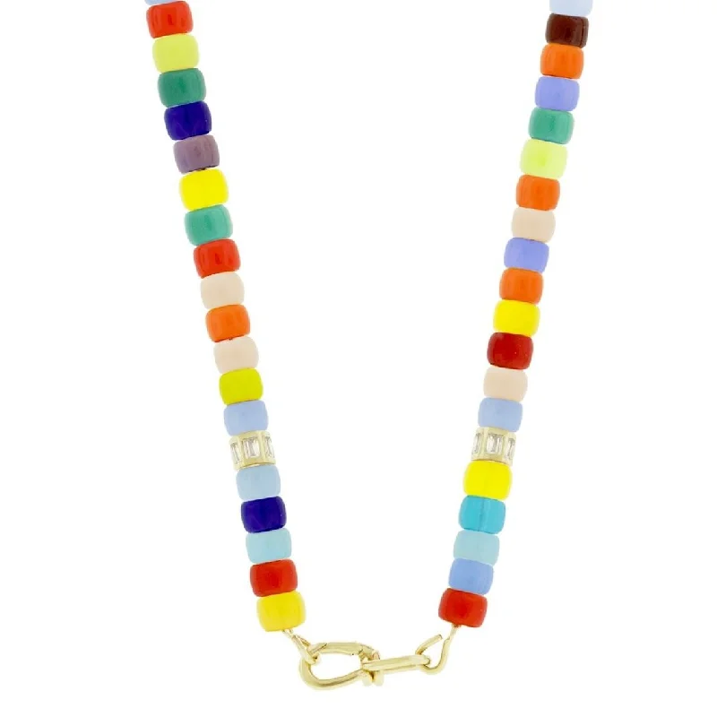 Travel Necklaces-Wire Clasp on Multicolor Glass Bead Necklace with Diamond Barrels