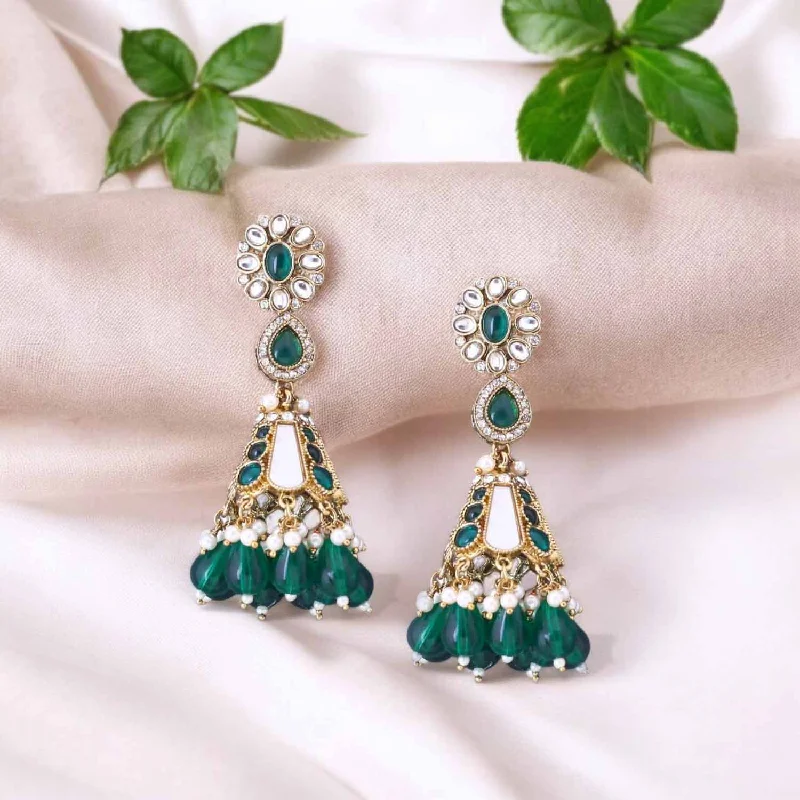 Handcrafted Drop Earrings-Emerald Ritika Jhumkis