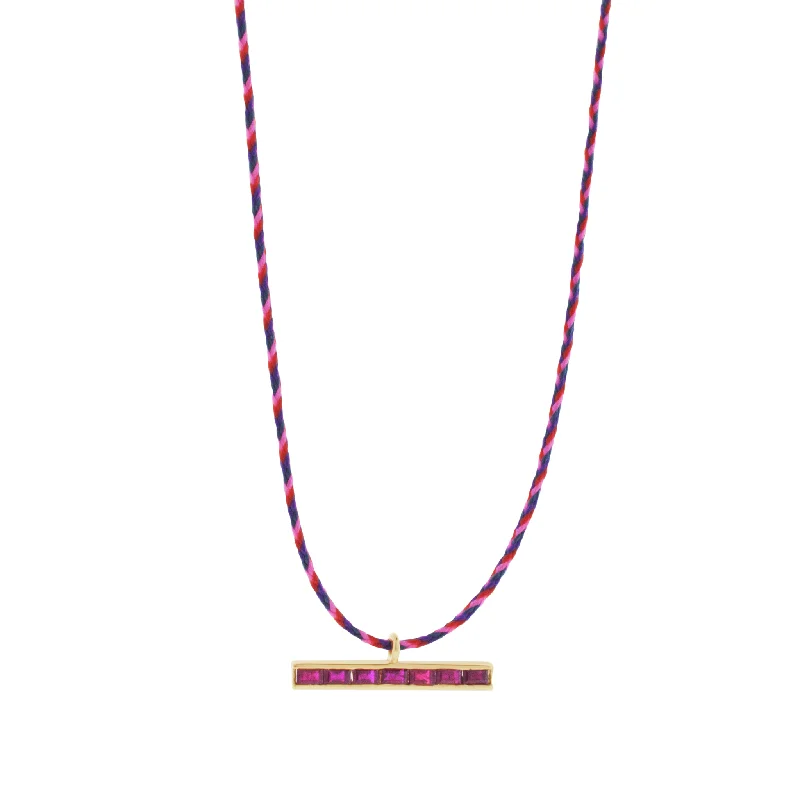 Handcrafted Necklaces-Ruby Baguette ID Bar on Cord Necklace