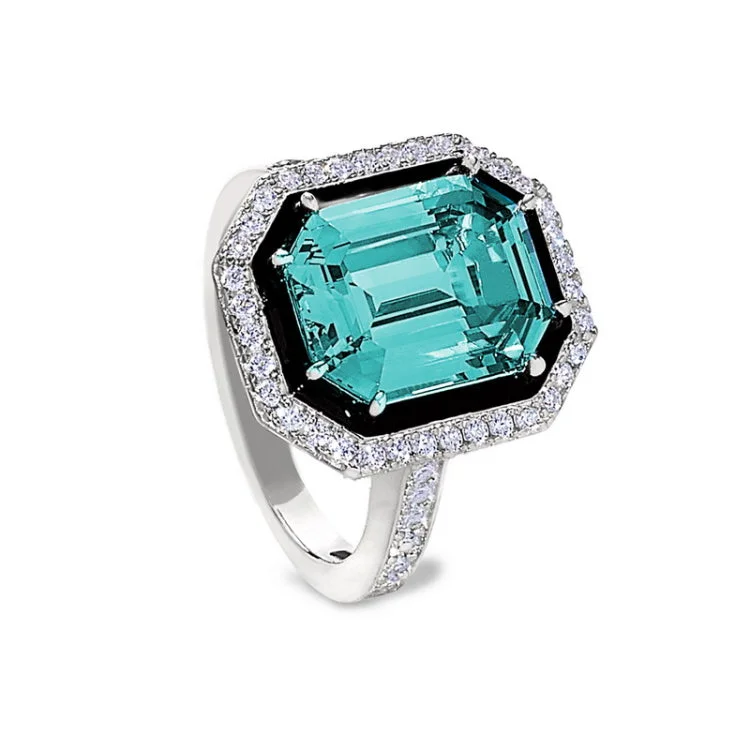 Wedding Rings with Personalization-Platinum Finish Sterling Silver Micropave Black Enamel & Aqua Spinel Octagon Ring with Simulated Diamonds - Size 6