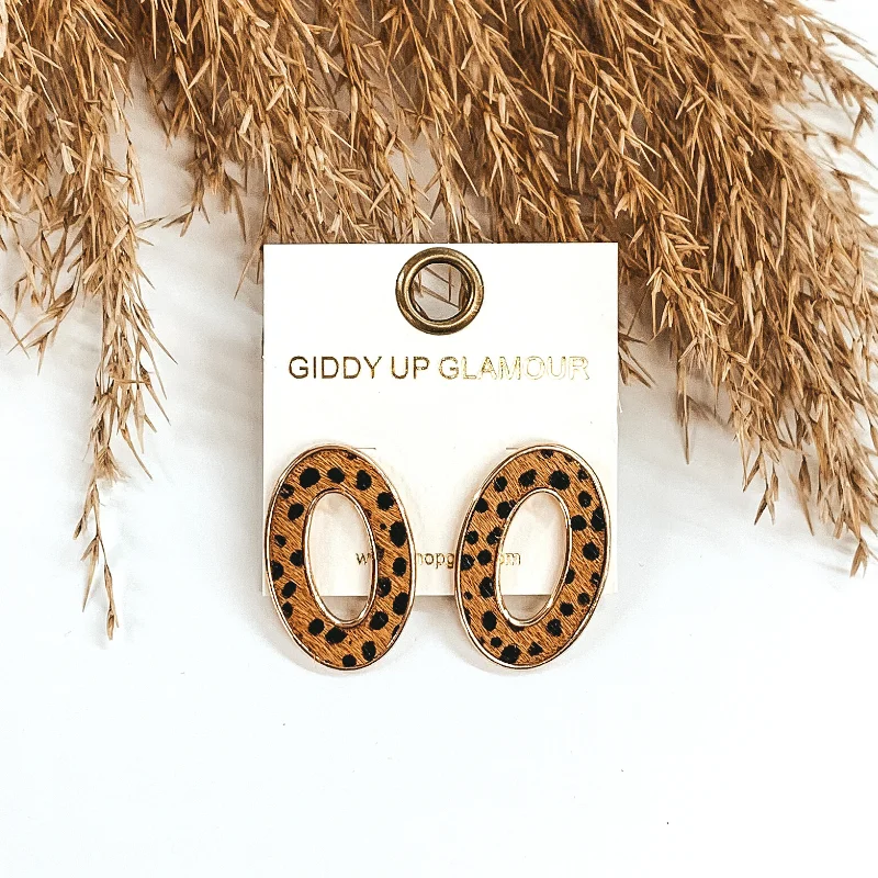 Classic Drop Earrings-Gold Open Oval Post Earrings in Brown Dotted Print