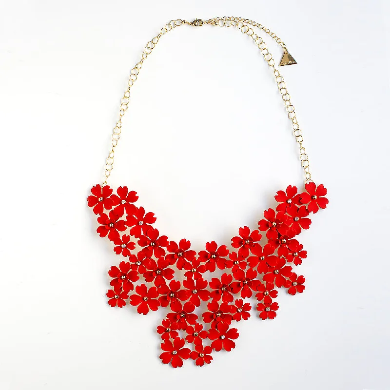 Layered Necklaces-Mega Floral Statement Bib Necklace - Red