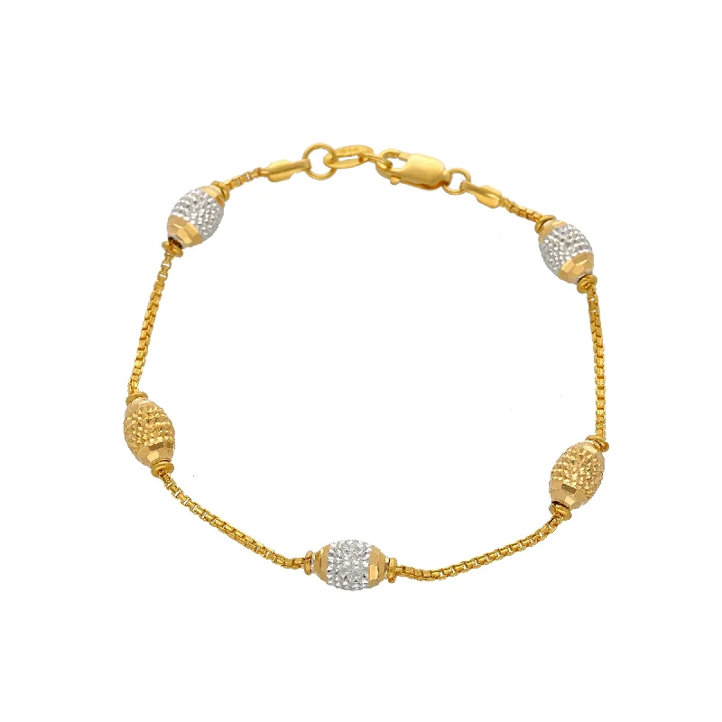 Thin Beaded Bracelets for Teen Girls-22K Multi Tone Gold Bracelet W/ Boxlink Chain & Gold Accent Oblong Beads, 7.2 Grams