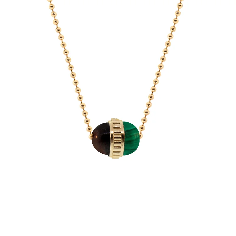 Luxury Gemstone Necklaces-Tiger's Eye/Malachite Pendant On A Gold Ball Chain Necklace