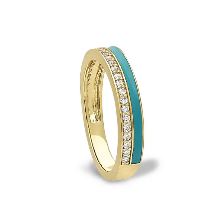 Custom Birthstone Engagement Rings-Gold Vermeil Sterling Silver Micropave Ring with with Turquoise Enamel and Simulated Diamondss