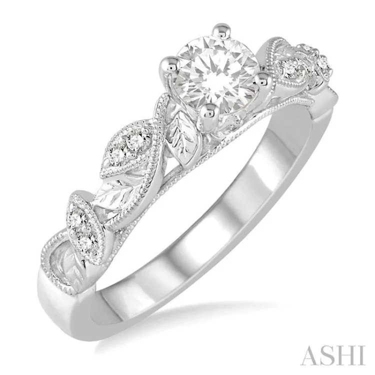 Men’s Vintage Engagement Rings-1/10 Ctw Round Semi-Mount Leaf Motif Engagement Ring in 14K White Gold