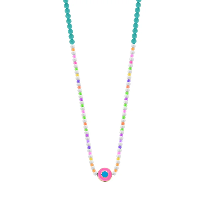 Vintage Style Necklaces-Enameled Neon Pink Evil Eye Disk on Beaded Necklace