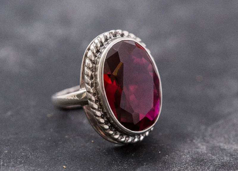 Designer Silver Promise Rings-Large Ruby Ring - Red Statement Ring - Vintage Oval Ring