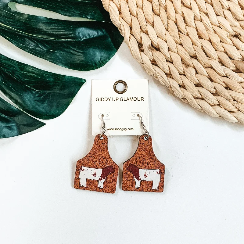 Large Drop Gemstone Earrings-Wooden Cattle Tag in Tooled Leather