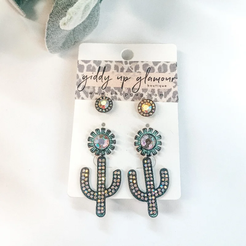 Designer Gemstone Earrings-Set of Three | Cactus Stud Earring Set with AB Crystals in Patina Turquoise