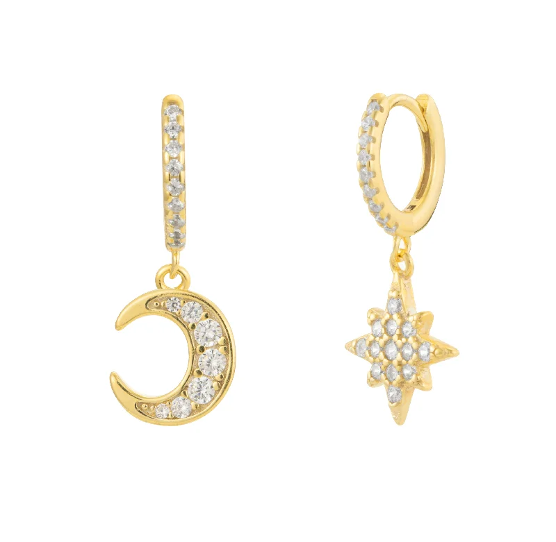 Silver Hoop Earrings-Crescent Moon & Star Crystal Dangle Hoop Earrings