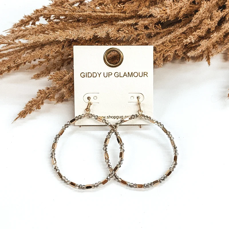 Trendy Hoop Earrings-Circle Drop Beaded Earrings with Gold Spacers in Grey