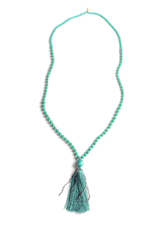 Luxury Necklaces-Crystal Tassel Necklace - Turquoise