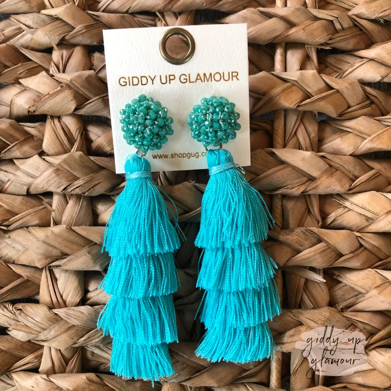 Trendy Crystal Earrings for Women-Layered Tassel Earrings with Statement Beaded Stud in Turquoise