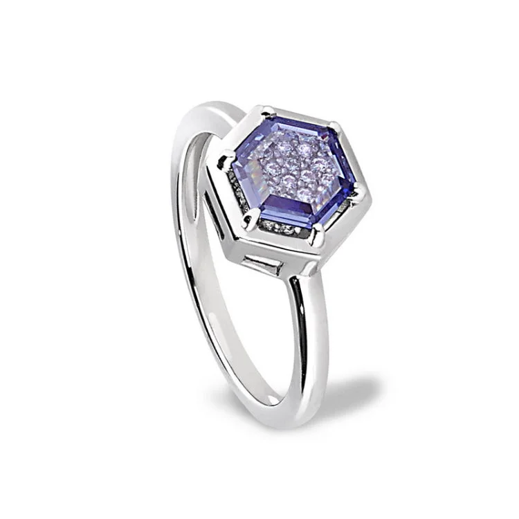 Custom Gold Rings for Men-Platinum finish sterling silver flat hexagon synthetic tanzanite ring with synthetic diamonds - size 5