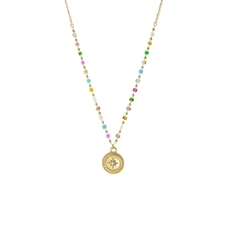 18K Gold Necklaces-link/crystal necklace with compass charm