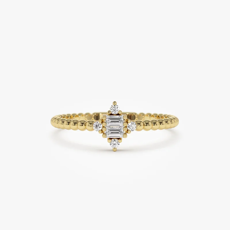 Affordable Custom Engagement Rings-14k Beaded Baguette and Round Diamond Stacking Ring