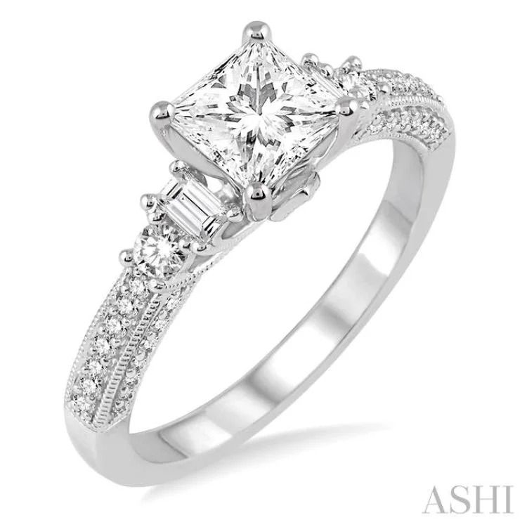 Custom Designer Promise Rings-7/8 Ctw Diamond Engagement Ring with 1/2 Ct Princess Cut Center Stone in 14K White Gold