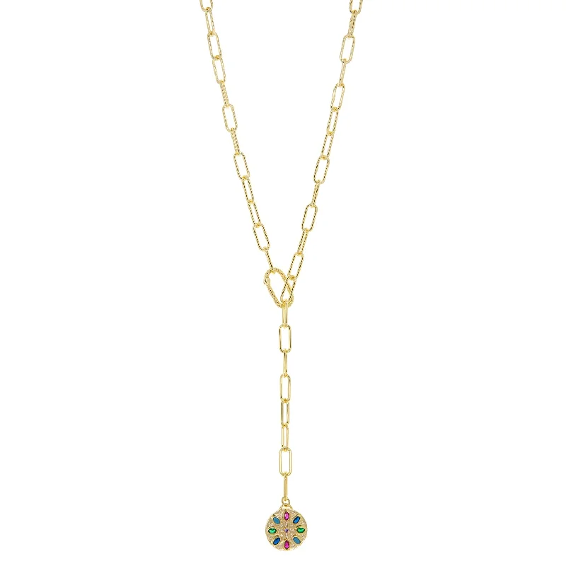 Meaningful Necklaces-gold plated paperclip "Y" necklace with colored flower pendant