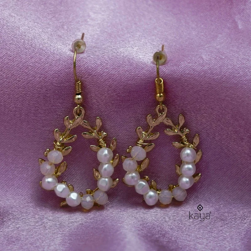 Silver Crystal Earrings-Leaf Design With Pearl and Beads Earrings - PT100260