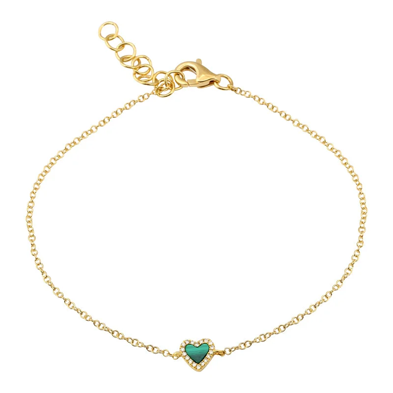 Trendy Charm Bracelets for Women-14K Malachite Heart With Diamond Outline Bracelet