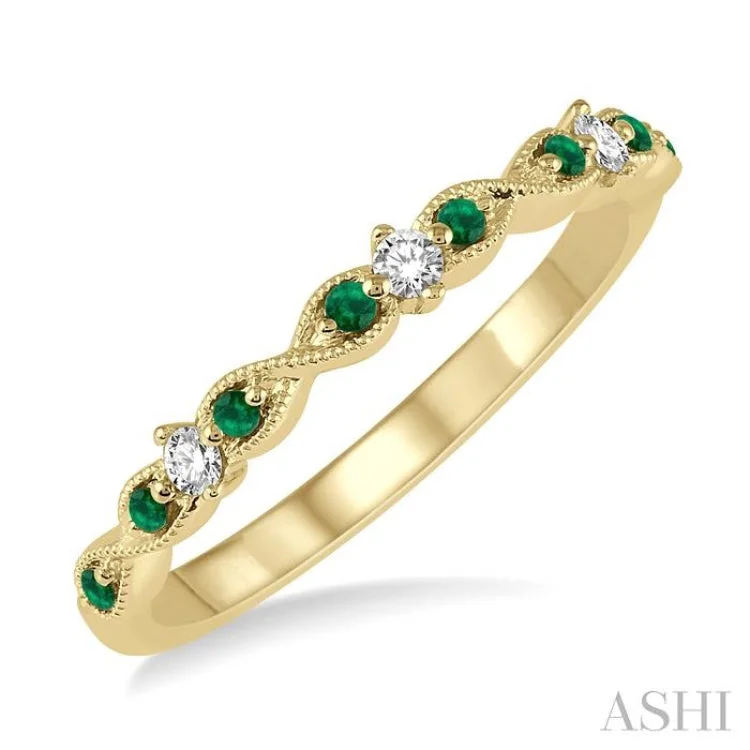 Vintage Promise Rings for Women-1/10 Ctw Round Cut Diamond and 1.25mm Emerald Precious Wedding Band in 14K Yellow Gold