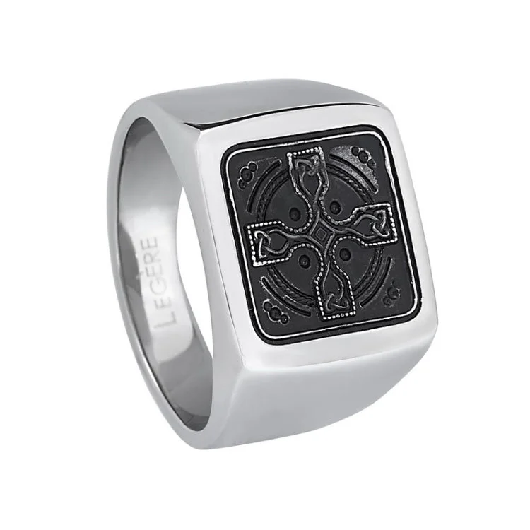 Men’s Personalized Rings-Stainless Steel Black Antique Finish Ring  with Cross Design