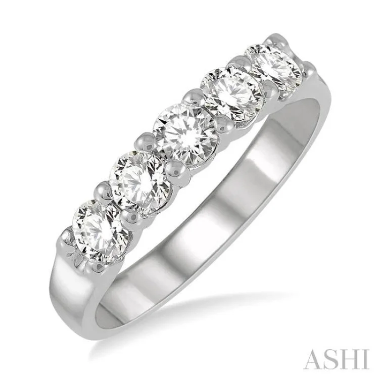 Custom Wedding Bands with Engraving-3/4 ctw 5 Stone Round Cut Diamond Wedding Band in 14K White Gold