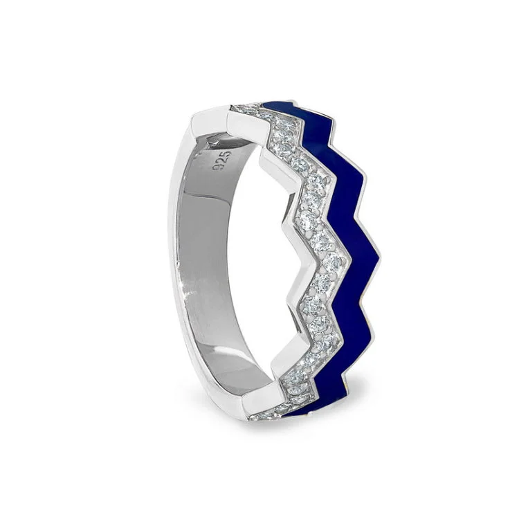 High-Quality Diamond Wedding Bands-Platinum Finish Sterling Silver Micropave Ring with with Navy Enamel and Simulated Diamondss