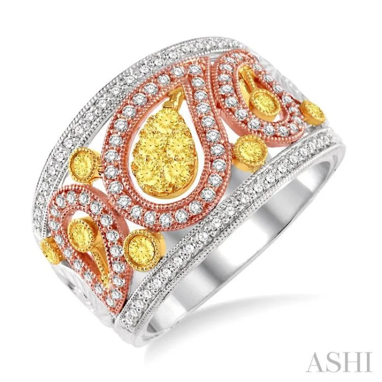 Unique Men’s Wedding Bands-7/8 Ctw Round Cut Yellow and White Diamond Fashion Ring in 14K Tri Color Gold