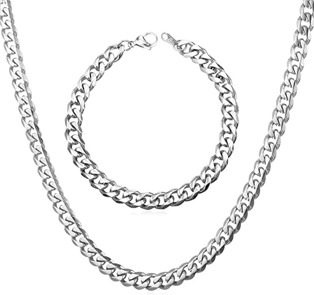 Engraved Stainless Steel Bracelets-7mm Cuban Link Chain/Bracelet Set Stainless Steel