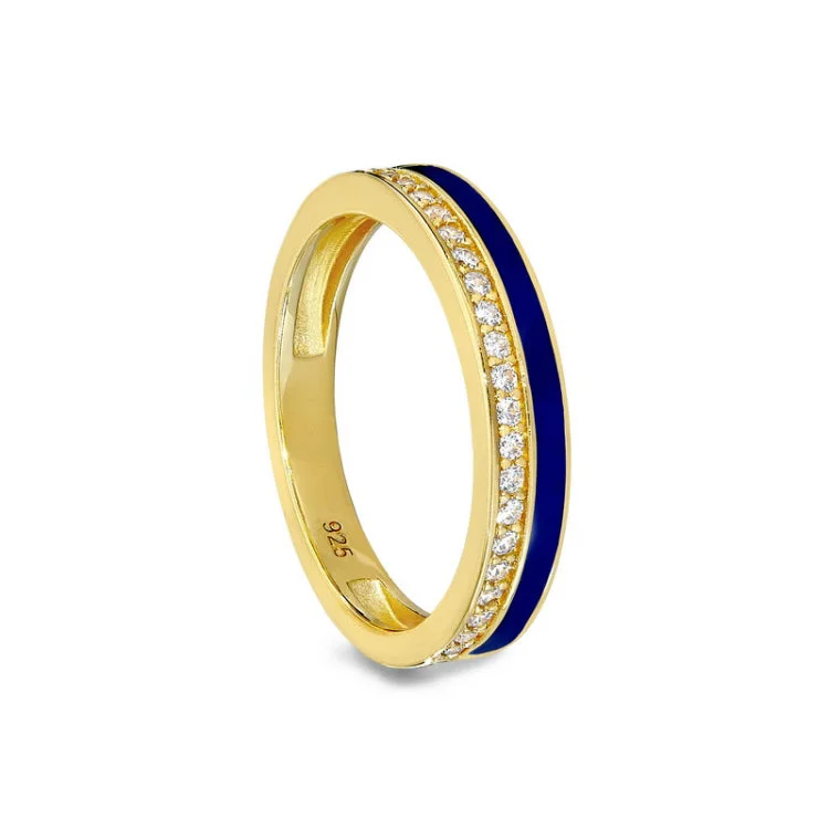 Custom Heart-Shaped Wedding Rings-Gold vermeil sterling silver micropave ring with with navy enamel and simulated diamondss