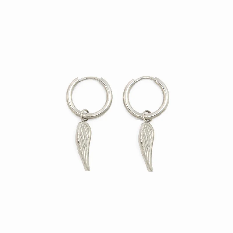 Designer Crystal Earrings-Angel Wing Hoop Earrings - Silver