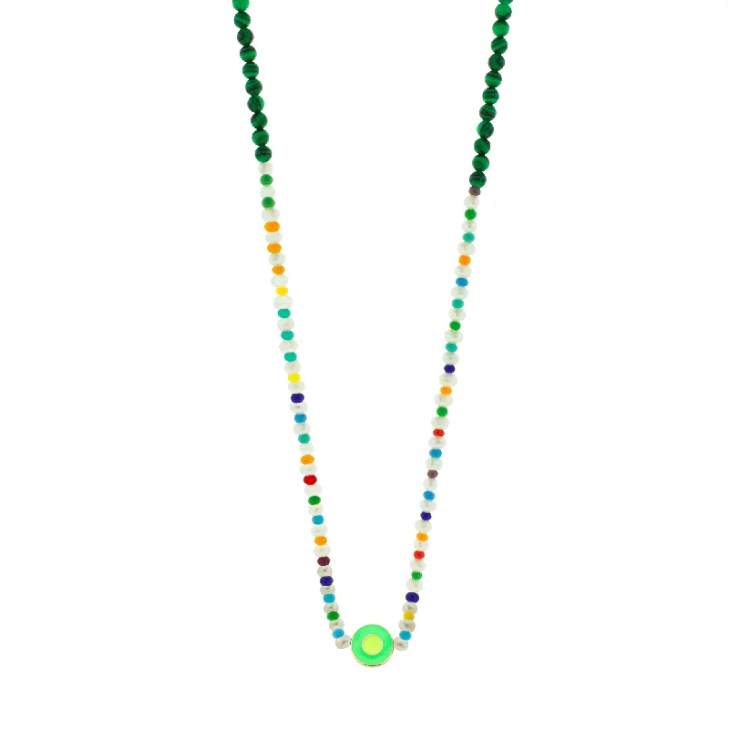 High-End Necklaces-Enameled Neon Green Evil Eye Disk on Beaded Necklace