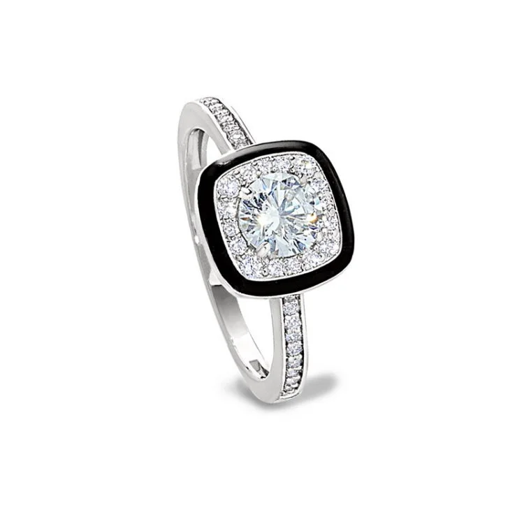 Handmade Engagement Bands-Platinum Finish Sterling Silver Micropave Cushion Cut Ring with Thin Black Enamel and Simulated Diamonds - Size 6