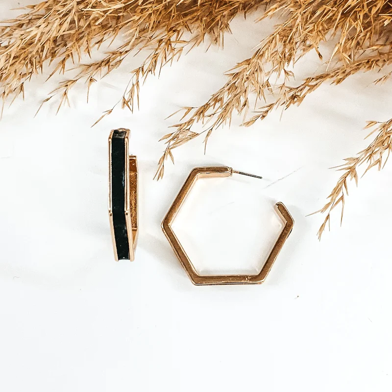 Silver and Gold Earrings-Gold Hexagon Hoops with Leather Inlay in Black