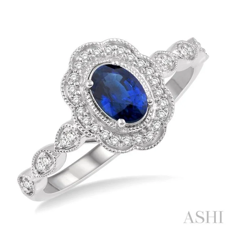 Custom Engagement Rings with Sapphire-1/6 Ctw Oval Shape 6x4mm Sapphire & Round Cut Diamond Precious Ring in 10K White Gold