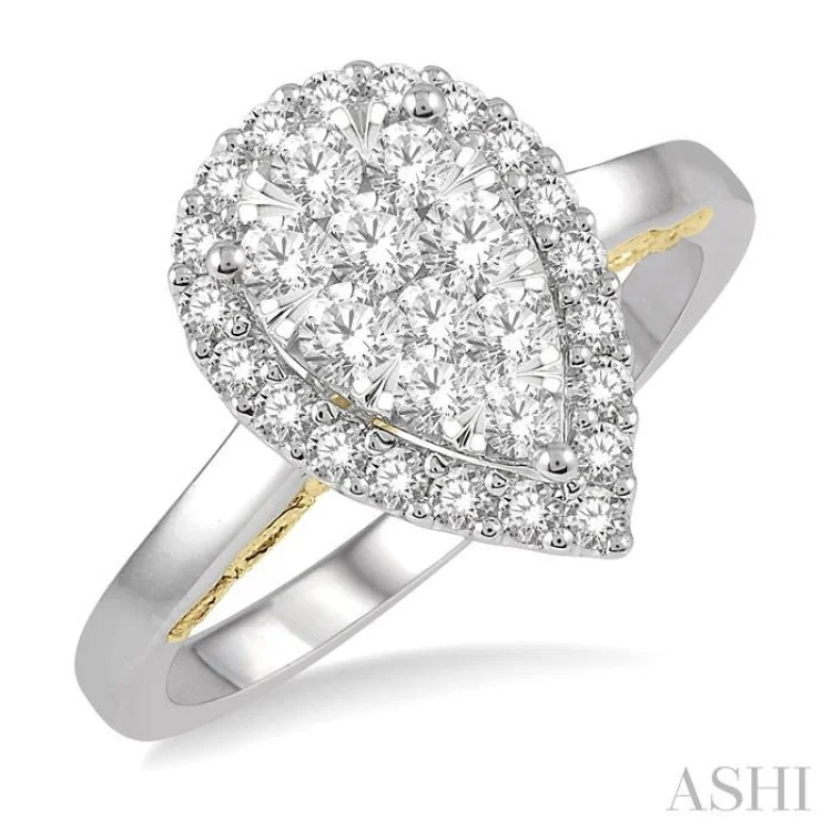 Unique Engagement Rings with Birthstones-3/4 Ctw Pear Shape Lovebright Round Cut Diamond Ring in 14K White and Yellow Gold