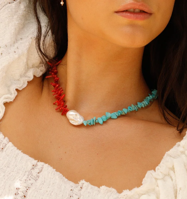 Chunky Necklaces-Pearl Necklace With Red Agate and Turquoise