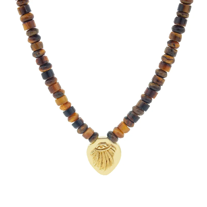 Unique Pendant Necklaces-Angel Wing Shield Pendant on Tiger's Eye Beaded Necklace