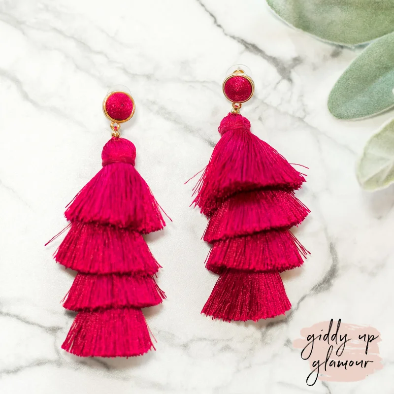 Classic Hoop Earrings for Women-Layered Tassel Earrings with Threaded Stud in Raspberry Pink