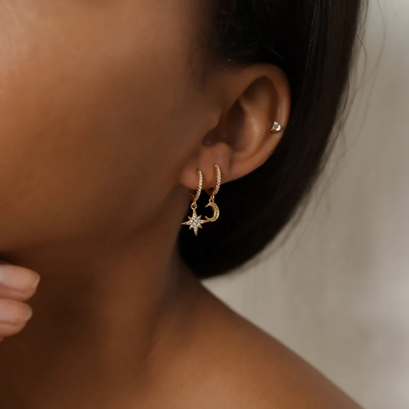 Luxury Designer Earrings for Women-Moon and Star Huggies